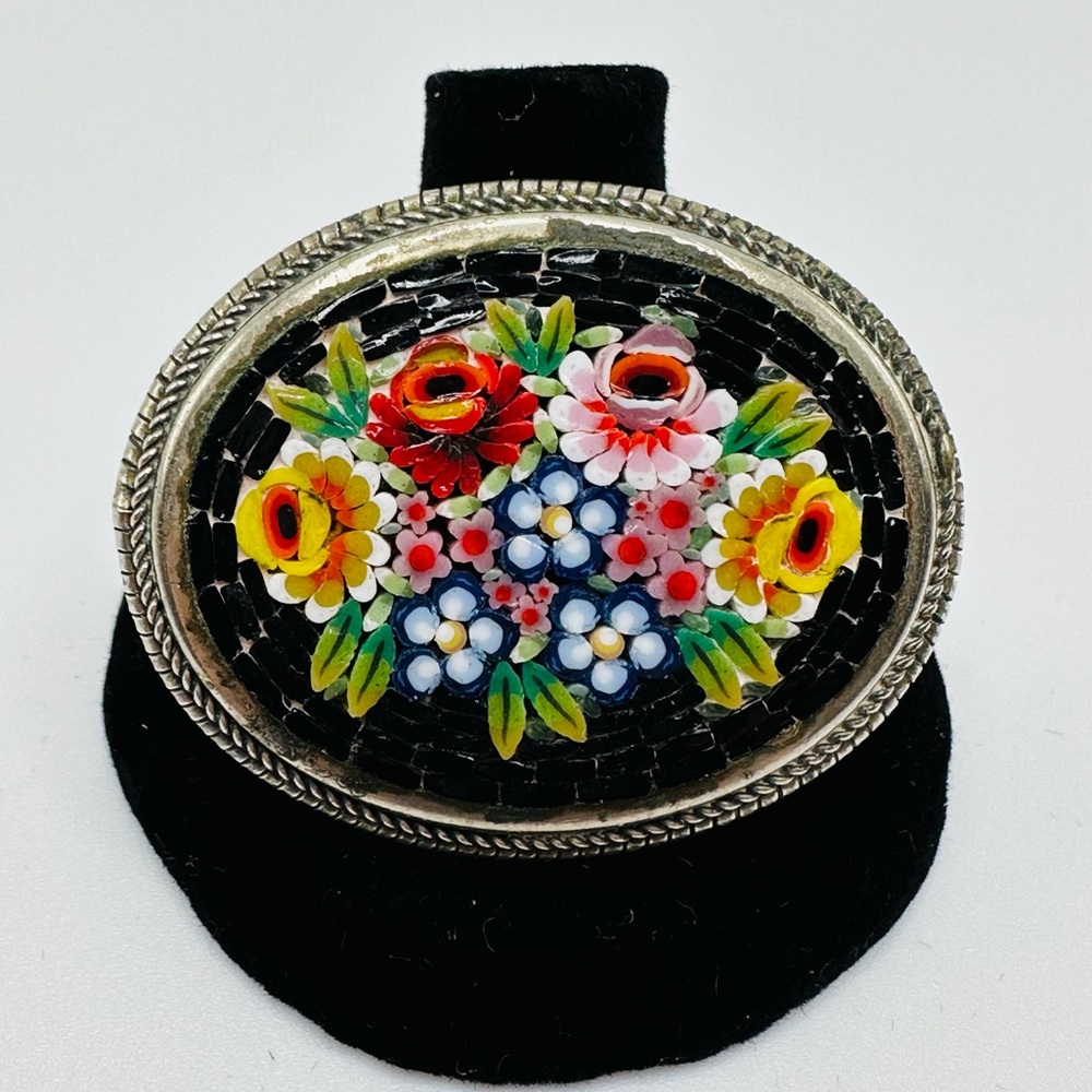 Vintage Mosaic Brooch C-Clasp Pretty Floral Detailed Multiflower Silver Tone Pin
